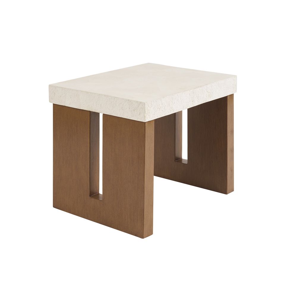 Rectangular End Table, shown in cream and medium brown with cast stone, wood, and flat solid tabletop for surface placement.
