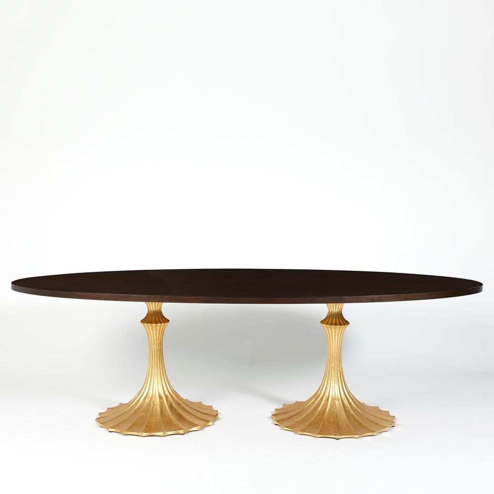 Flute Table 96 Walnut Top w/26 Gold Leaf Base, shown in dark walnut brown and gold with walnut wood and metal.
