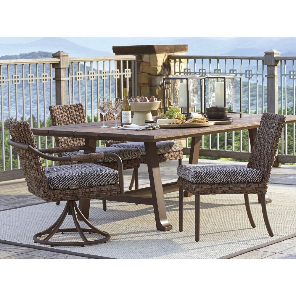 Alternate view of Rectangular Dining Table, featuring matte finish, wood, metal, and central umbrella hole.