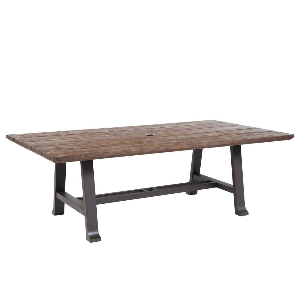 Rectangular Dining Table, shown in weathered medium brown and dark bronze with wood, metal, and central umbrella hole.