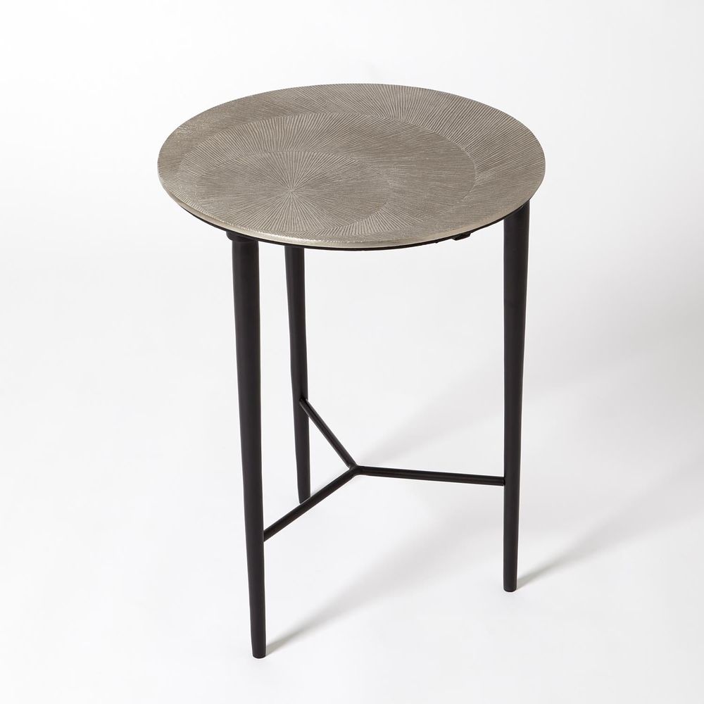 Alternate view of Circle Etched Accent Table in charcoal gray and pewter silver.