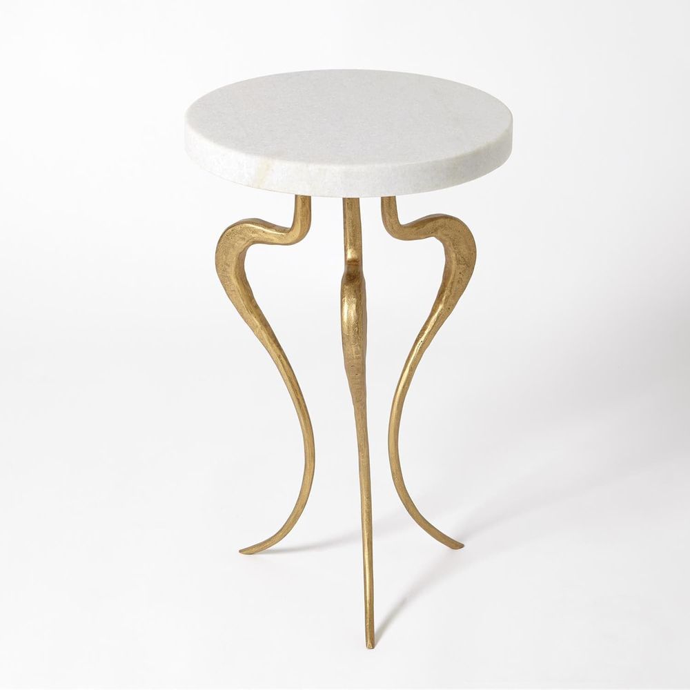 Silhouette Accent Table, shown in white and gold with marble, metal, and a small round accent surface.