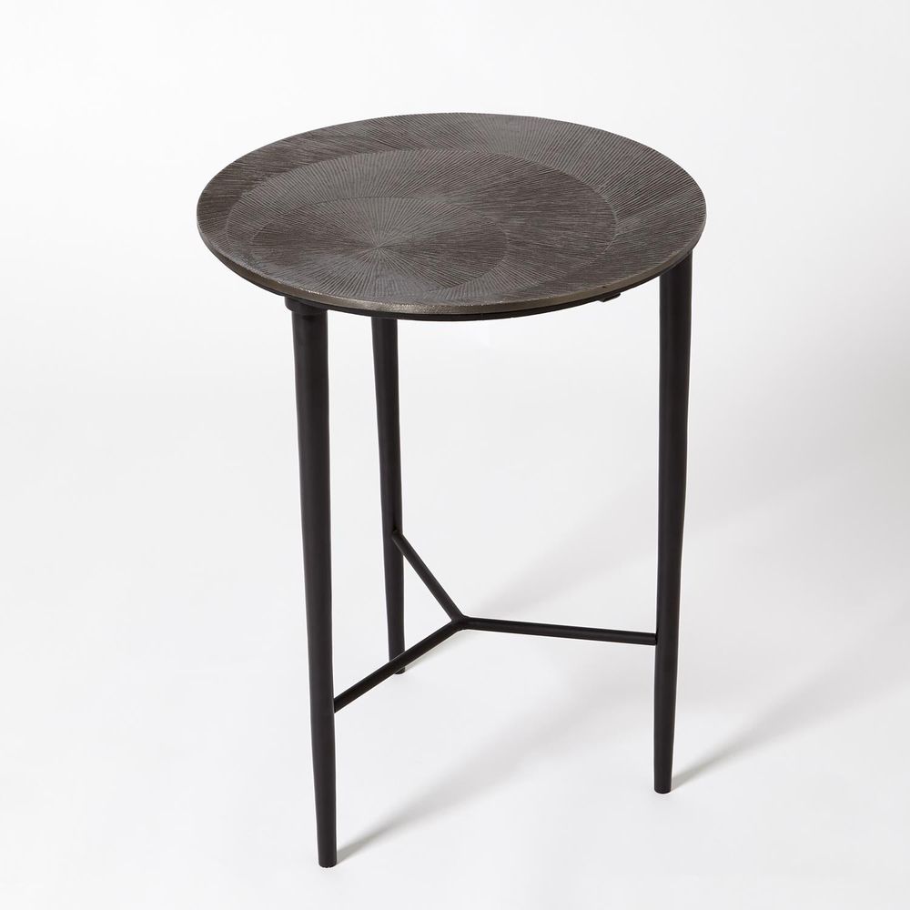 Circle Etched Accent Table, shown in charcoal gray and pewter silver with metal, steel, and a compact round accent surface.