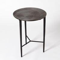 Circle Etched Accent Table, shown in charcoal gray and pewter silver with metal, steel, and a compact round accent surface.