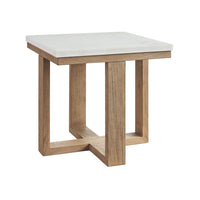 Square End Table, shown in white and light natural wood brown with marble, wood, and a square flat top surface.