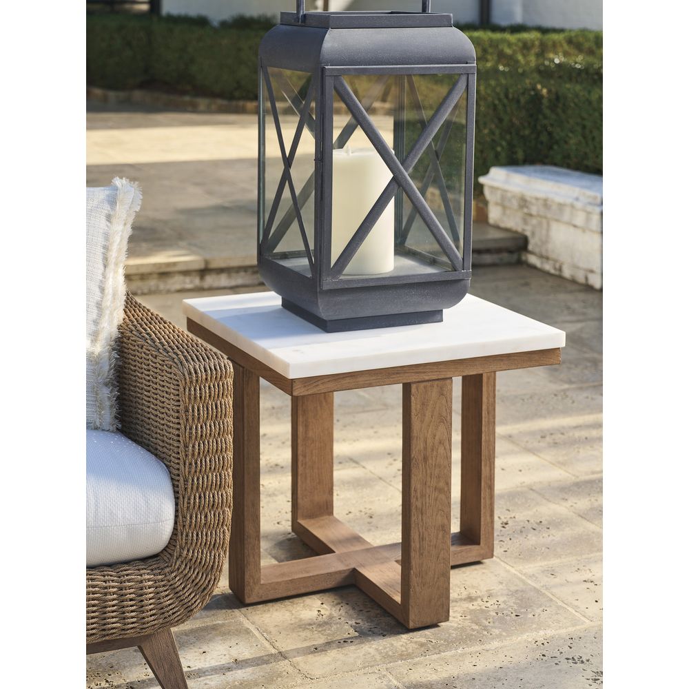 Alternate view of Square End Table, featuring polished stone finish, marble, wood, and a square flat top surface.
