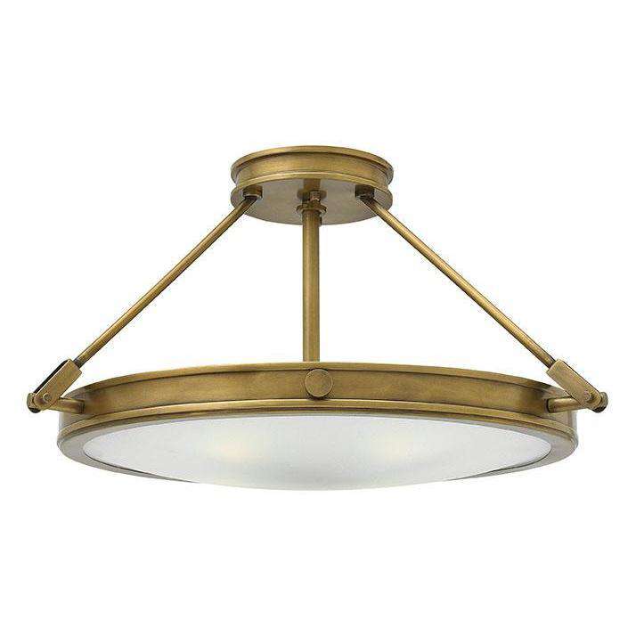 Foyer Collier, shown in antique brass and pewter gray with metal, glass, and a semi-flush ceiling mount.