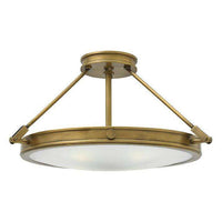Foyer Collier, shown in antique brass and pewter gray with metal, glass, and a semi-flush ceiling mount.