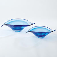 Bent Leaf Bowl-Blue-Sm, shown in cobalt blue and aqua blue with glass and open shallow vessel.