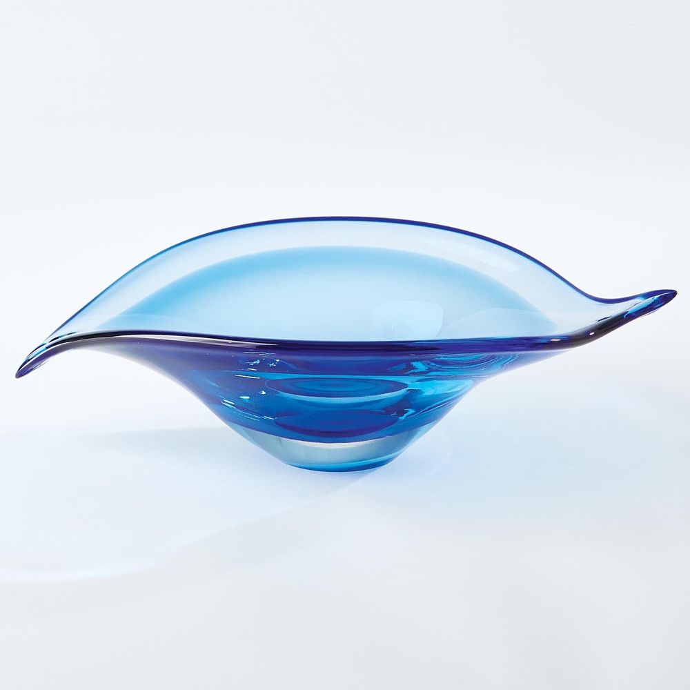 Additional view of Bent Leaf Bowl-Blue-Lg in cobalt blue and azure blue, featuring glossy finish and open shallow basin.
