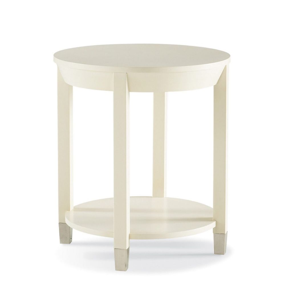 Alternate view of Greenwich Round Lamp Table, featuring wood, metal, and integrated lower display shelf.