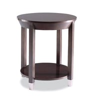 Greenwich Round Lamp Table, shown in dark espresso brown and ivory cream with wood and metal.