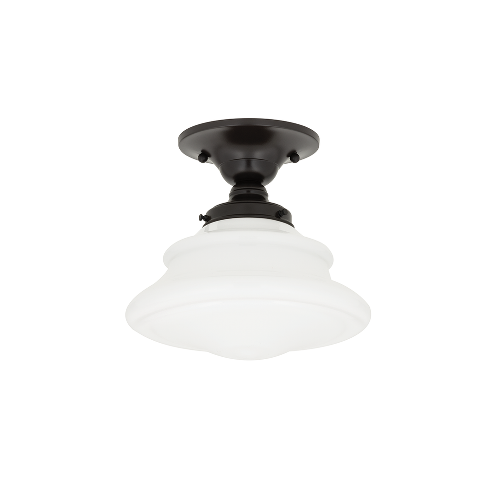 Petersburg Semi Flush, shown in white and dark bronze with glass, metal, and a semi-flush ceiling canopy mount.