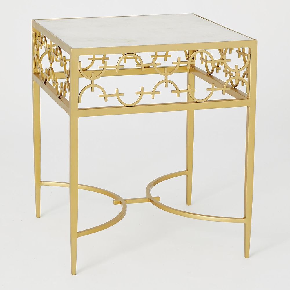 C-Fret Side Table-Gold, shown in gold and white with marble, metal, and fixed square solid top.