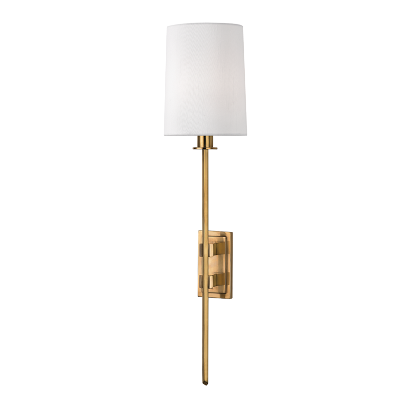 Fredonia Wall Sconce, shown in white and brass gold with fabric, metal, and wall-mounting hardware.