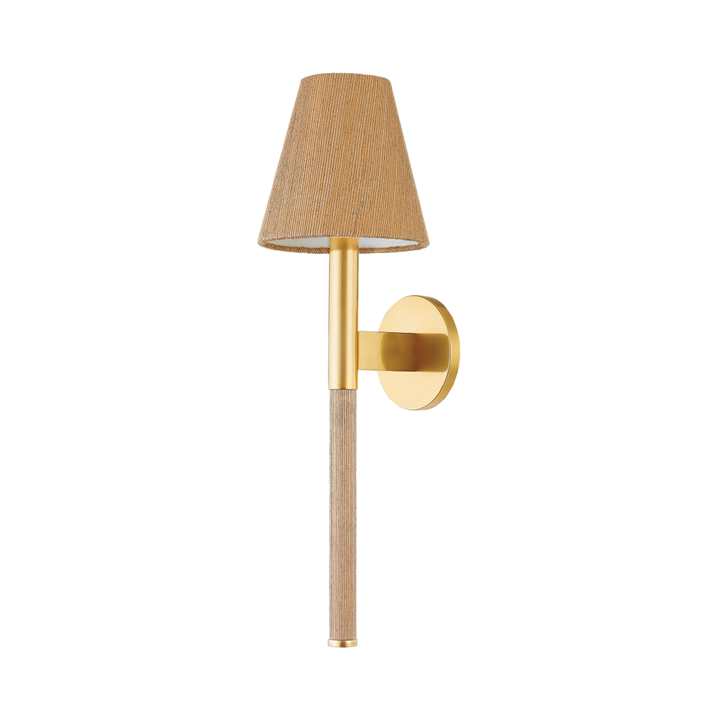 Lindenwood Wall Sconce, shown in brass gold and natural tan with brass, fabric, and wall-mounting hardware.