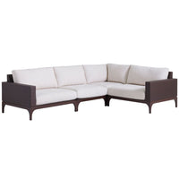 Sectional, shown in dark brown and cream with resin wicker, performance fabric, and l-shaped sectional configuration.