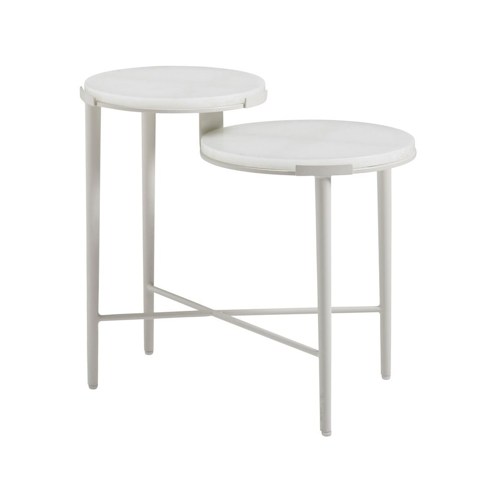 Tiered End Table, shown in ivory and off-white with powder-coated metal, stone, and two fixed staggered-height circular tops.