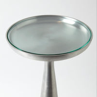 Additional view of Minaret Accent Table in brushed silver and cool gray, featuring a round inset glass top surface.