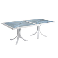 Rectangular Dining Table, shown in white and light blue with metal, glass, and a rectangular glass dining surface.