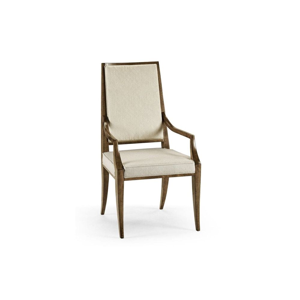 Barcelona Arm Chair, shown in warm medium brown and cream beige with wood, fabric, and fixed arms.