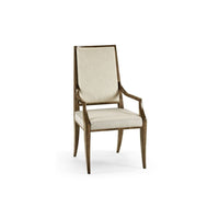 Barcelona Arm Chair, shown in warm medium brown and cream beige with wood, fabric, and fixed arms.