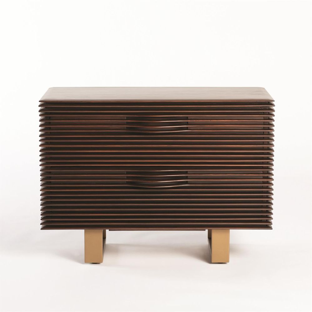Oslo Chest, shown in dark brown and walnut brown with wood, metal, and two stacked drawers.