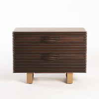 Oslo Chest, shown in dark brown and walnut brown with wood, metal, and two stacked drawers.