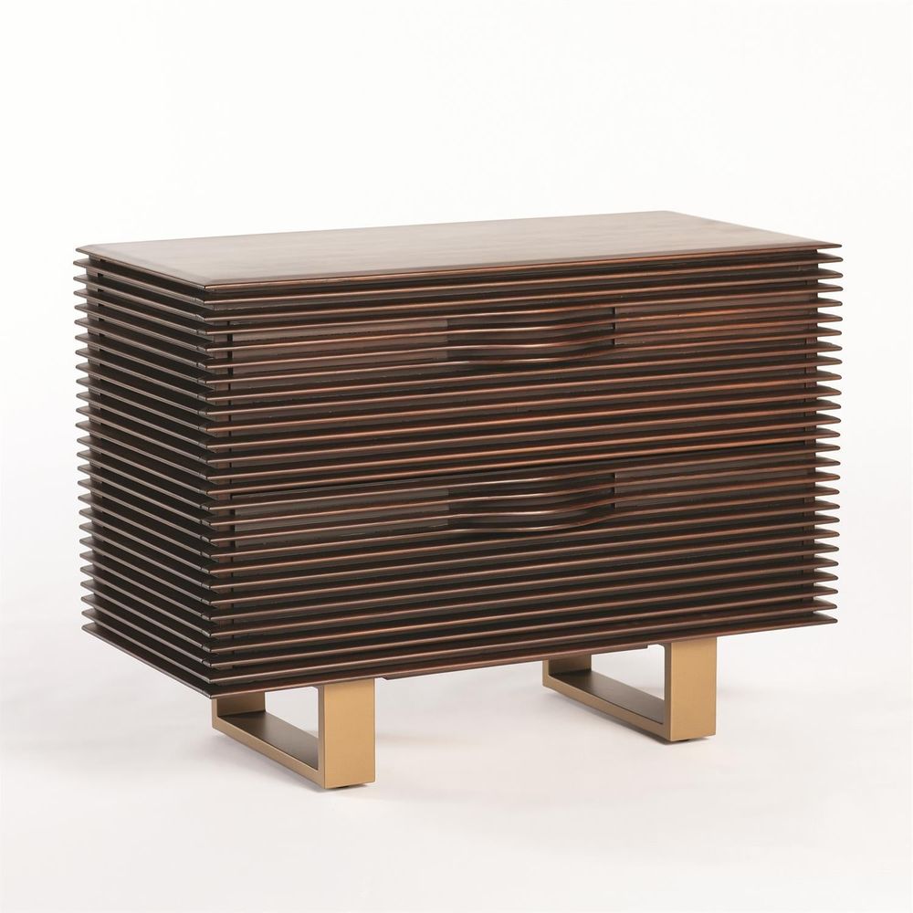 Alternate view of Oslo Chest, featuring horizontal ribbed/slatted facade, wood, metal, and two stacked drawers.