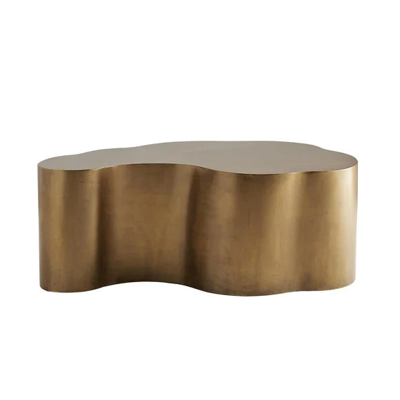 Sage Rustic Coffee Table, shown in antique brass gold and bronze brown with metal and a solid continuous pedestal base.
