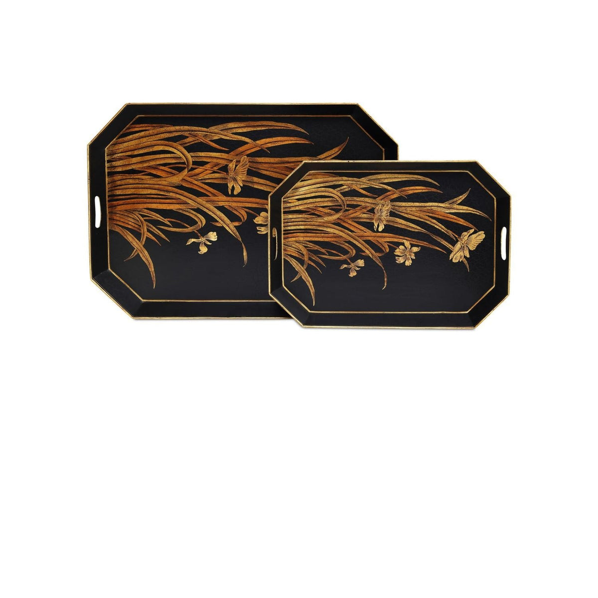 Glasshouse Tole Tray Set of 2, shown in black and gold with iron, metal, and cutout side handles.