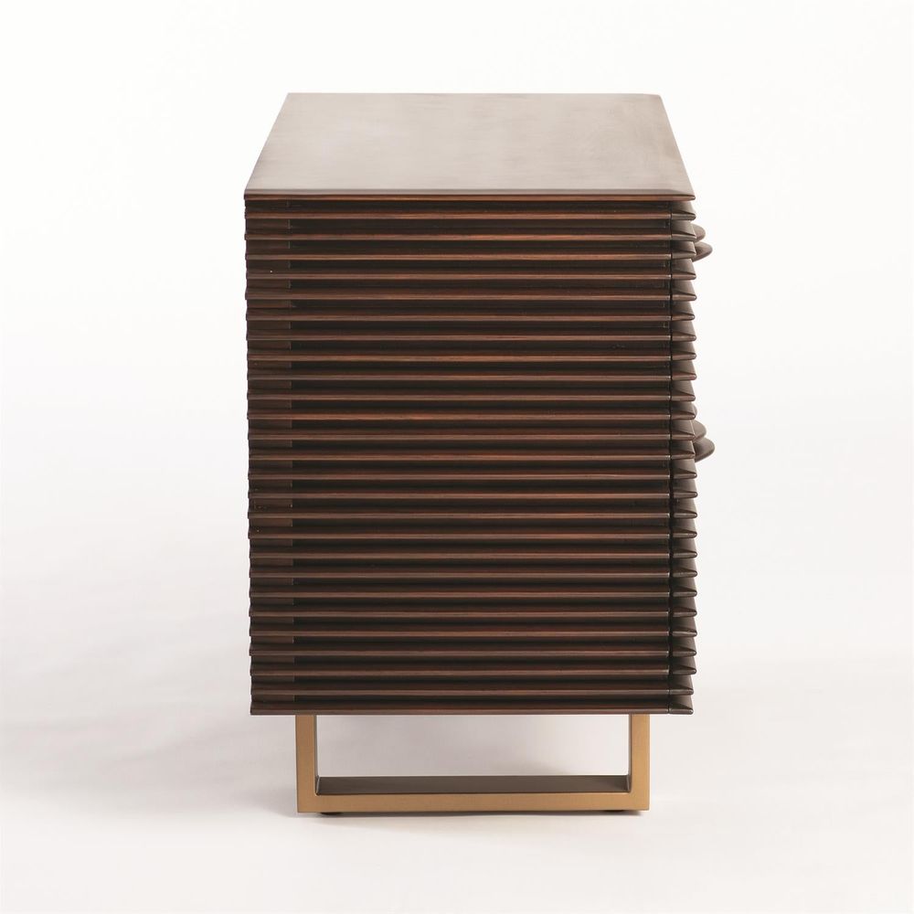 Additional view of Oslo Chest, featuring horizontal ribbed/slatted facade, wood, metal, and two stacked drawers.