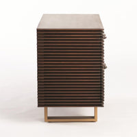Additional view of Oslo Chest, featuring horizontal ribbed/slatted facade, wood, metal, and two stacked drawers.