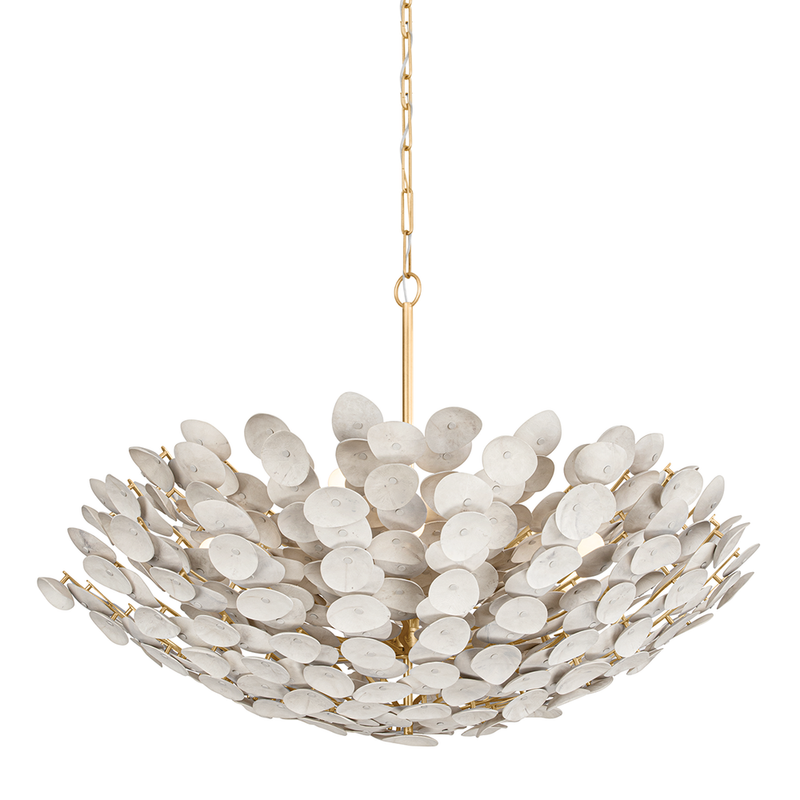Aimi Chandelier, shown in ivory and off-white with metal, composite discs, and a ceiling-mounted canopy.