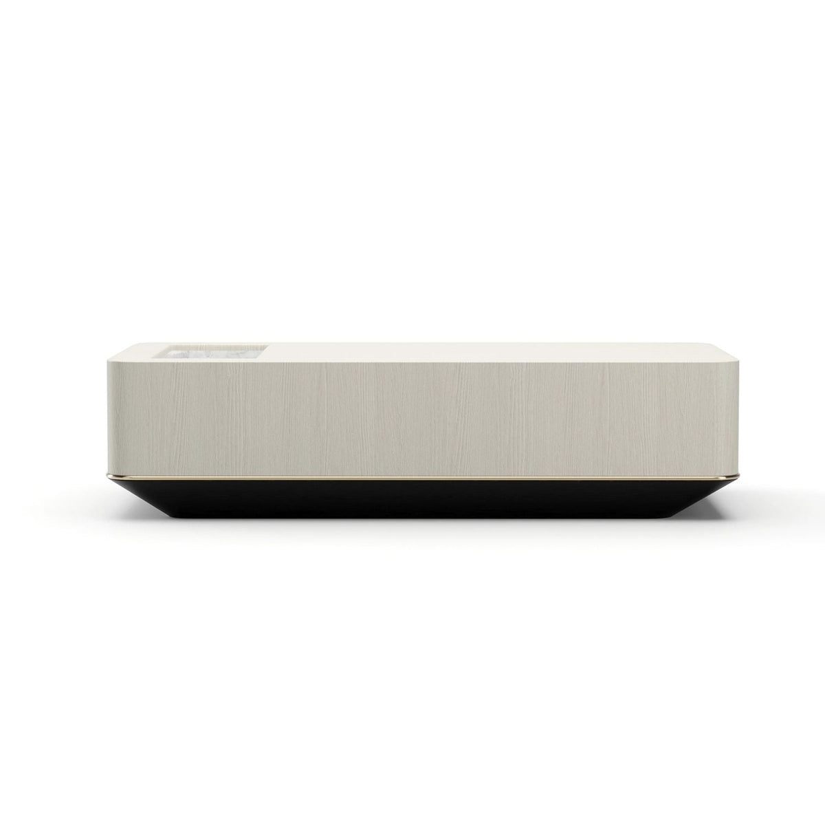 Madera Plinth Cocktail Table, shown in light beige and black with wood, metal, and integrated stone insert.