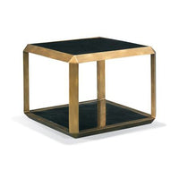 Skylar Bunching Cocktail Table, shown in black and antique brass with metal, stone, and integrated lower shelf.