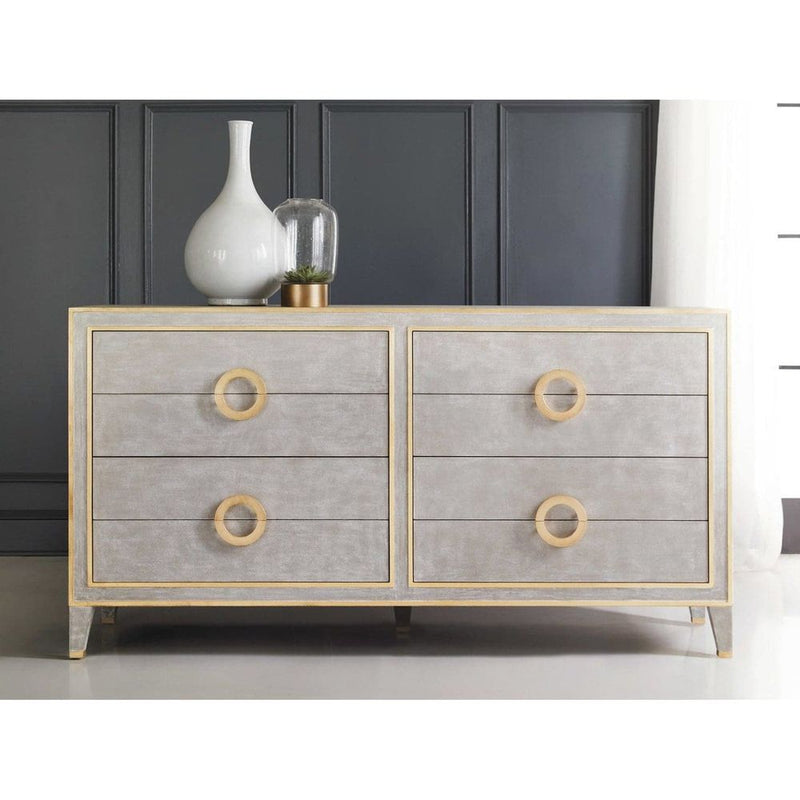 Abstract Dresser, shown in light gray and warm gold with wood, metal, and six drawers in two vertical banks.