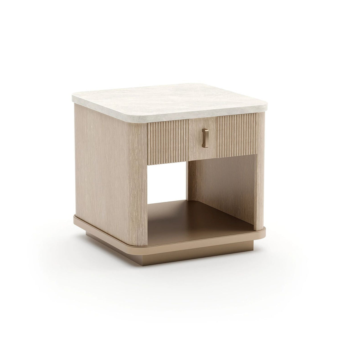 Alternate view of Rhythm End Table, featuring fluted finish, wood, stone, and single drawer with vertical pull.