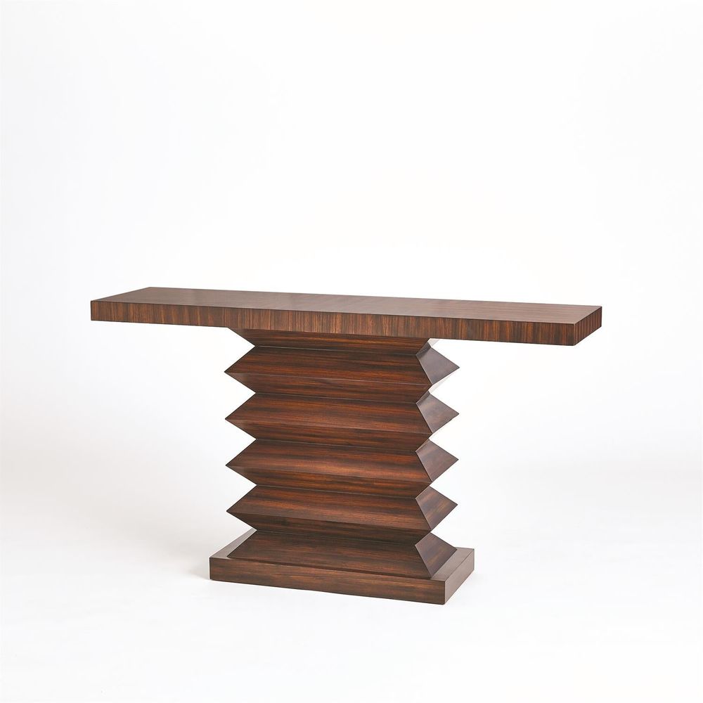 Zig Zag Console Table, shown in dark brown and espresso with wood, wood veneer, and freestanding console.