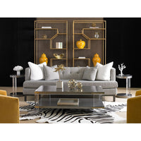 Alternate view of Ainsley Etagere, featuring metal, glass, and open multi-tier glass shelving.