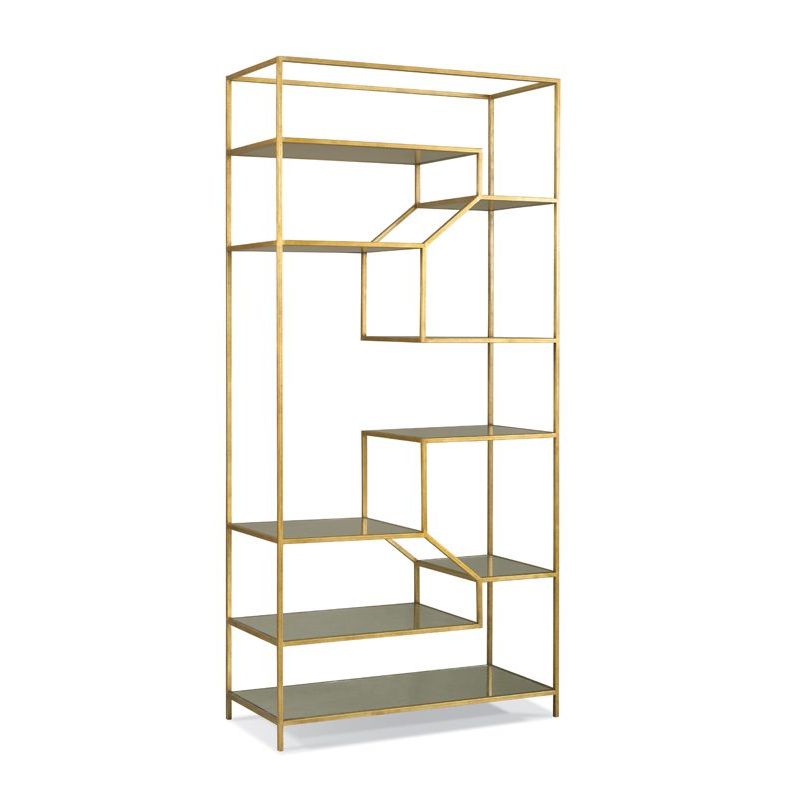 Ainsley Etagere, shown in aged gold and brass with metal, glass, and open multi-tier glass shelving.
