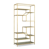 Ainsley Etagere, shown in aged gold and brass with metal, glass, and open multi-tier glass shelving.