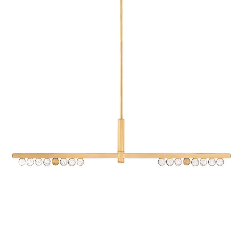 Annecy Linear, shown in brass gold with brass metal, textured glass, and a ceiling canopy mount.