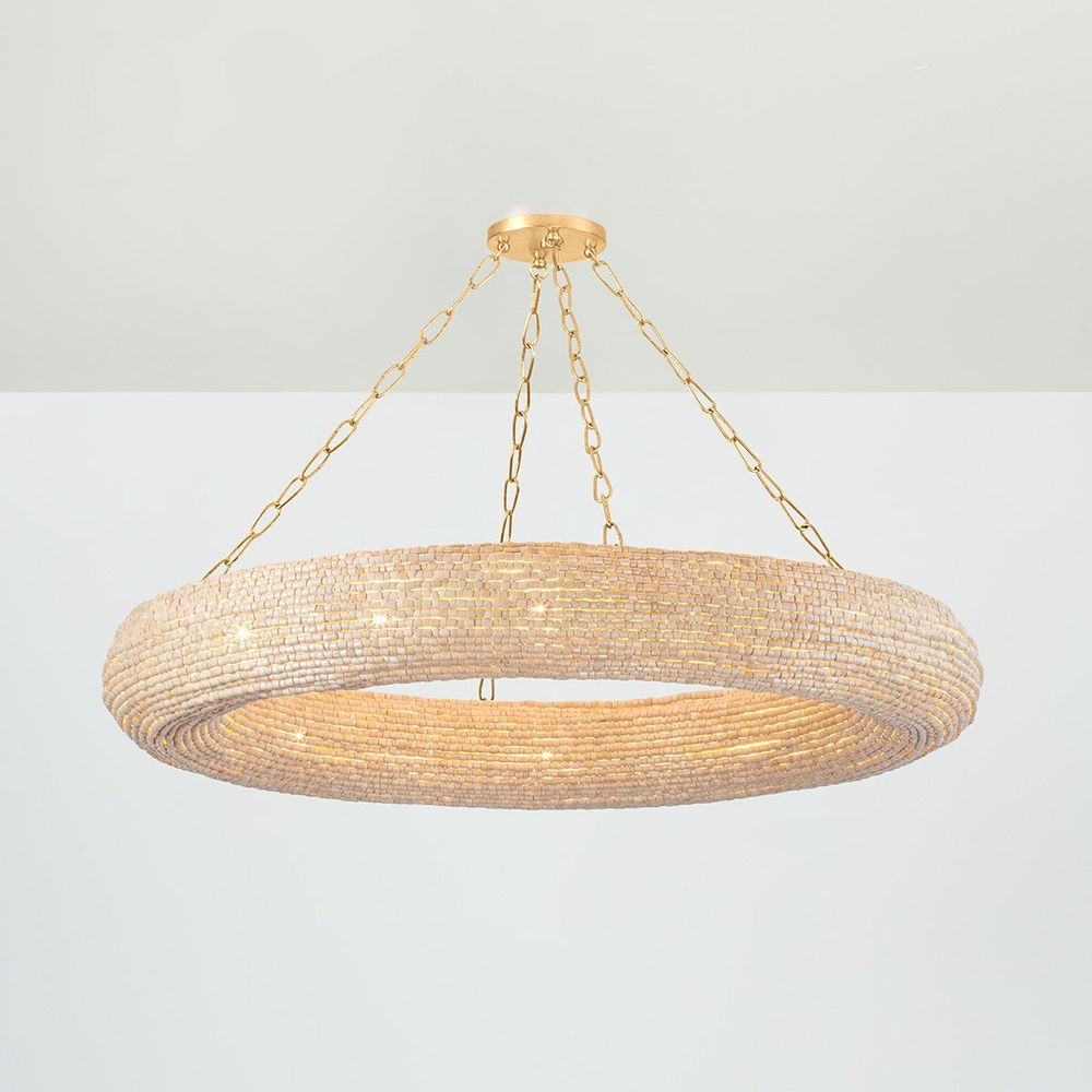 Additional view of Lure Chandelier in cream and ivory, featuring matte natural bead and a ceiling-mounted canopy.