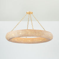 Additional view of Lure Chandelier in cream and ivory, featuring matte natural bead and a ceiling-mounted canopy.