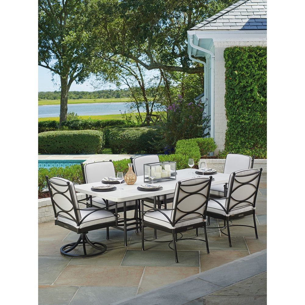 Alternate view of Rectangular Dining Table, featuring powder-coated matte, stone composite, metal, and central umbrella hole.
