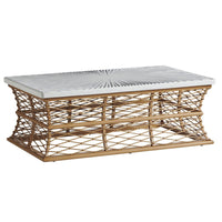Rectangular Cocktail Table, shown in white and natural tan with rattan, stone composite, and solid rectangular tabletop.