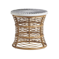 Round End Table, shown in natural tan and off-white with rattan, wicker, and a solid round top surface.