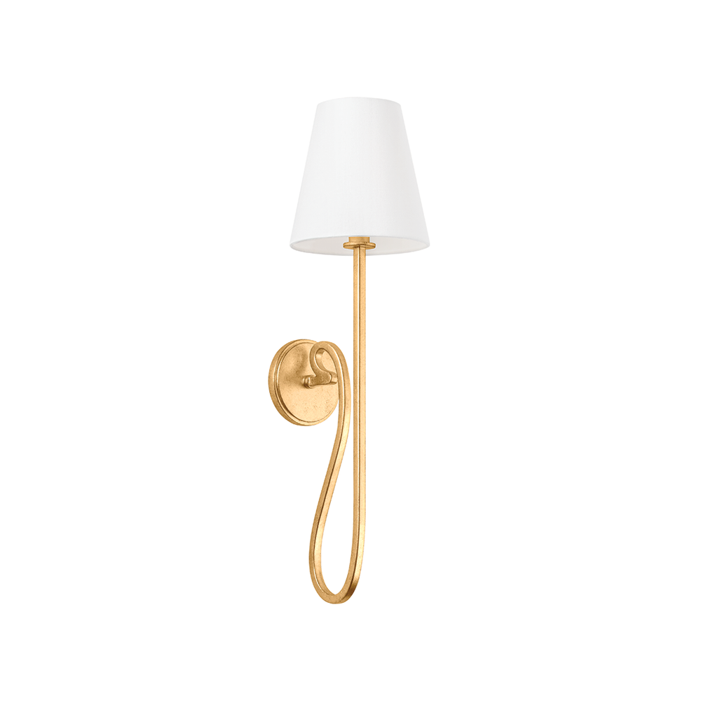 Elmhurst Wall Sconce, shown in white and gold with metal, fabric shade, and a wall-mounting circular backplate.