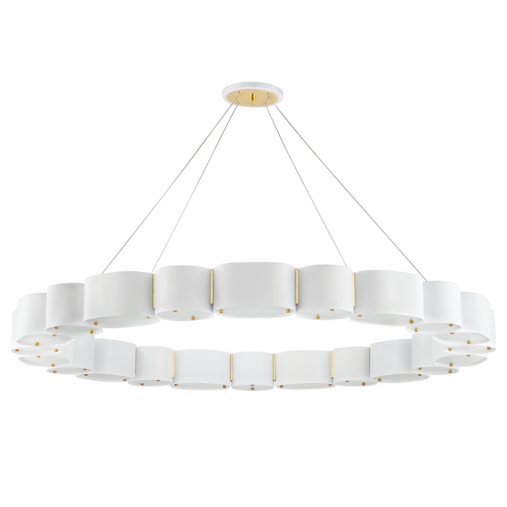 Opal Chandelier, shown in soft white and vintage brass with fabric or frosted glass drum shades and metal frame.